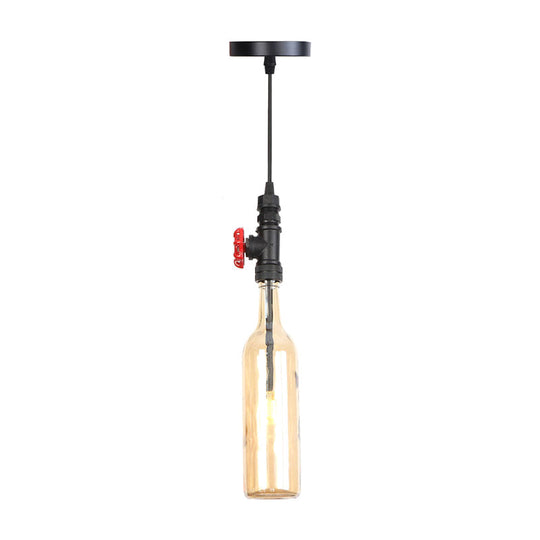 Industrial Hanging Pendant Lamp with Wine Bottle Glass Shades in Black, Silver, or Bronze Finish