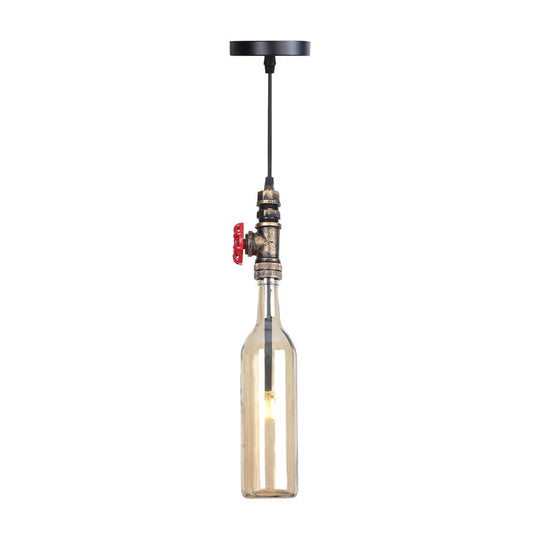 Industrial Hanging Pendant Lamp with Wine Bottle Glass Shades in Black, Silver, or Bronze Finish