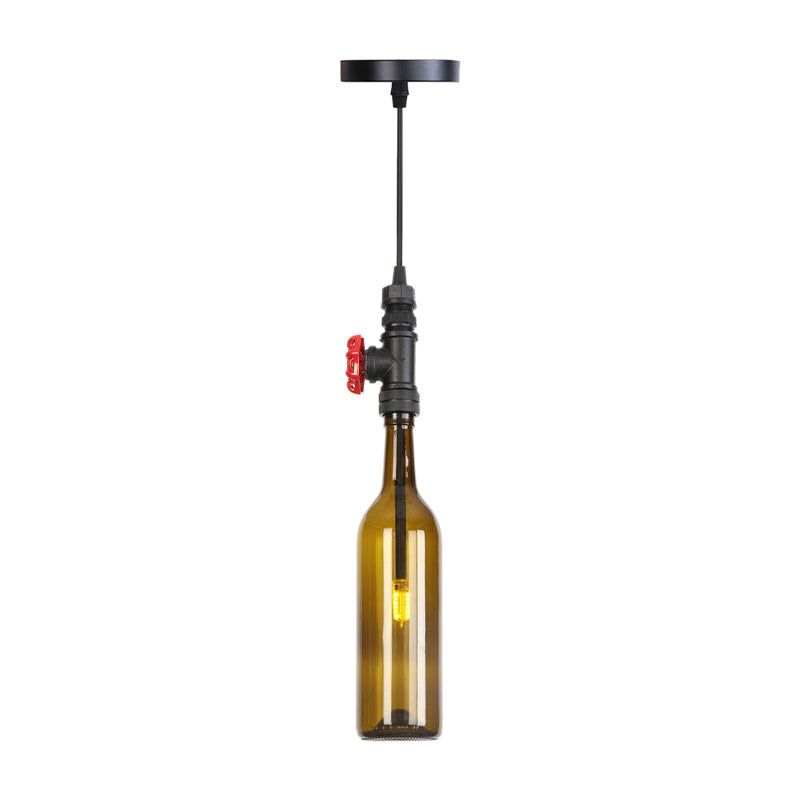 Industrial Hanging Pendant Lamp with Wine Bottle Glass Shades in Black, Silver, or Bronze Finish