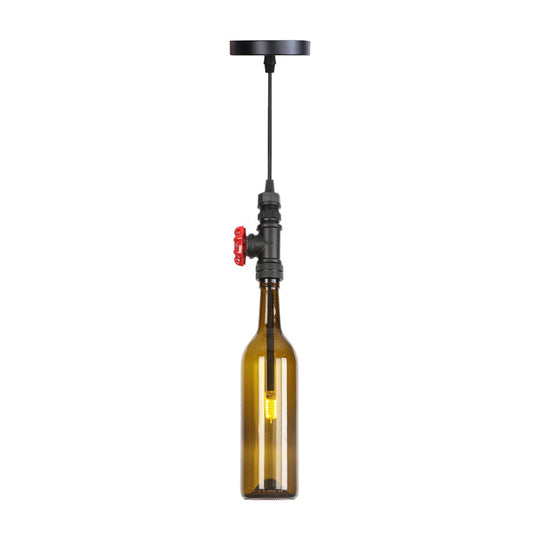 Industrial Hanging Pendant Lamp with Wine Bottle Glass Shades in Black, Silver, or Bronze Finish