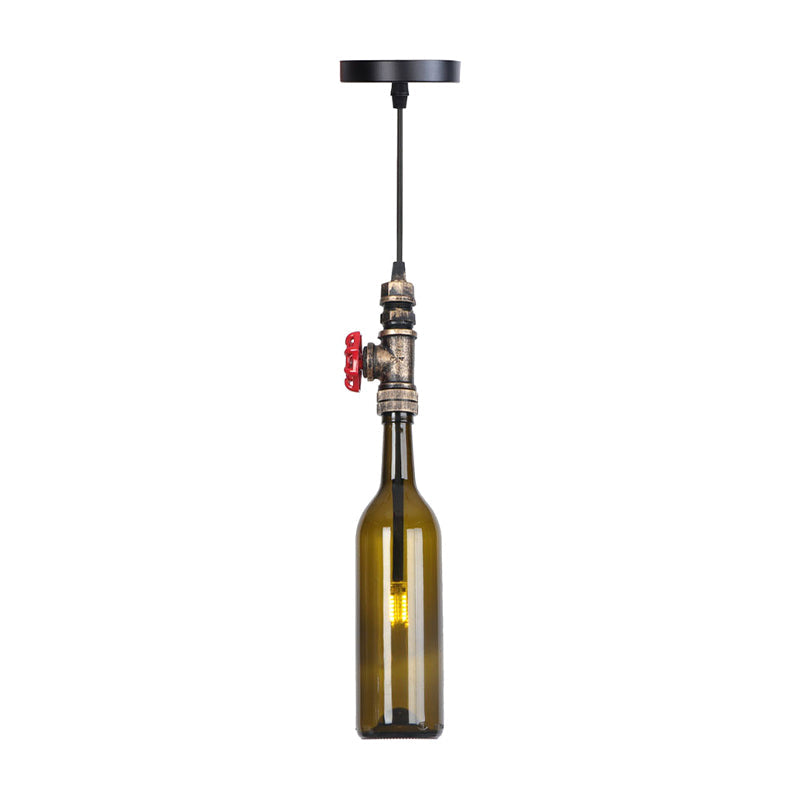 Industrial Hanging Pendant Lamp with Wine Bottle Glass Shades in Black, Silver, or Bronze Finish