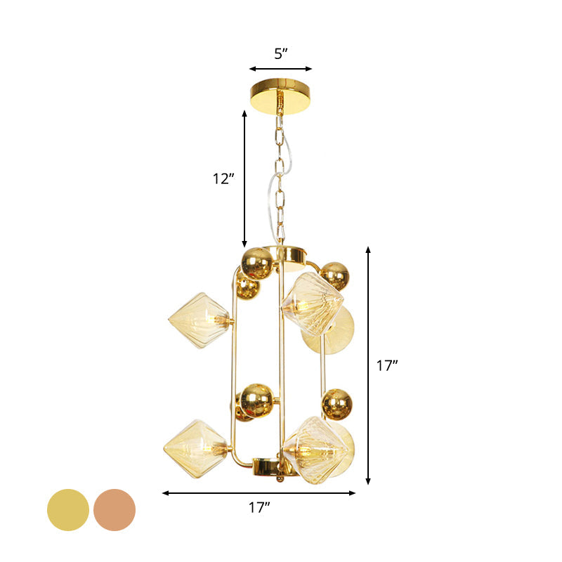 Diamond Vintage Glass Chandelier: Clear/Amber Ribbing 6/8/10 Bulbs Copper/Gold Finish Led Pendant