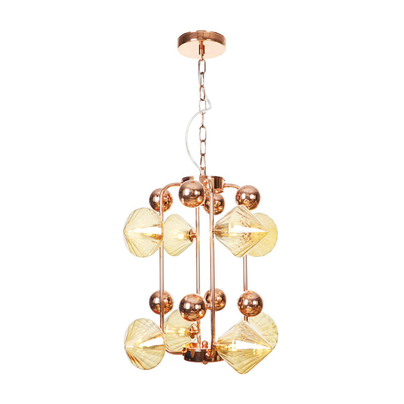 Vintage Diamond Chandelier with Ribbed Glass Shades - 6/8/10 Bulbs, Copper/Gold Finish, LED Pendant Lamp for Living Room