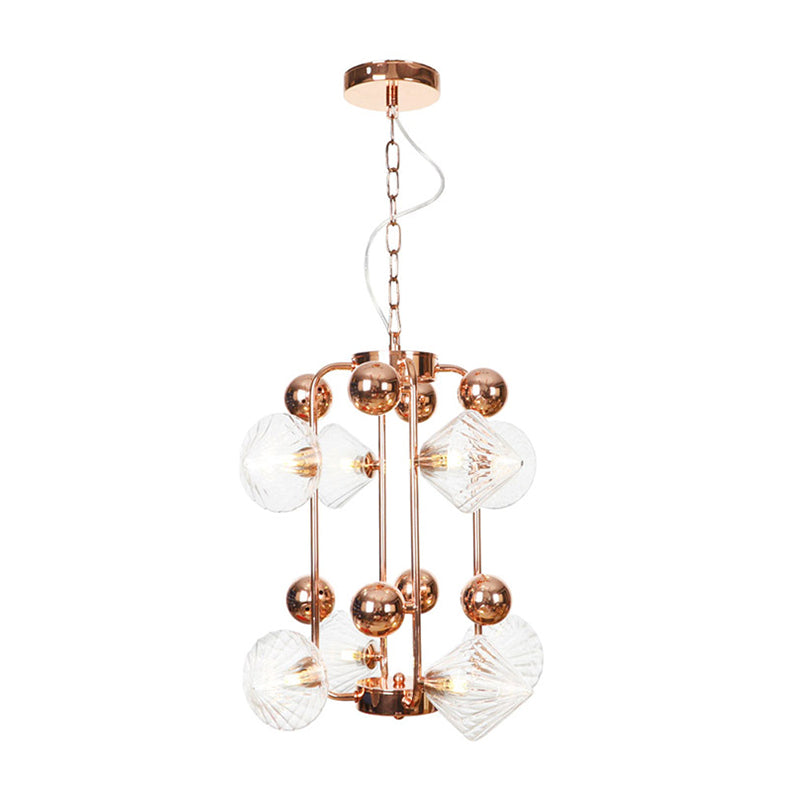 Vintage Diamond Chandelier with Ribbed Glass Shades - 6/8/10 Bulbs, Copper/Gold Finish, LED Pendant Lamp for Living Room