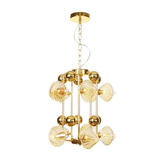 Diamond Vintage Glass Chandelier: Clear/Amber Ribbing 6/8/10 Bulbs Copper/Gold Finish Led Pendant