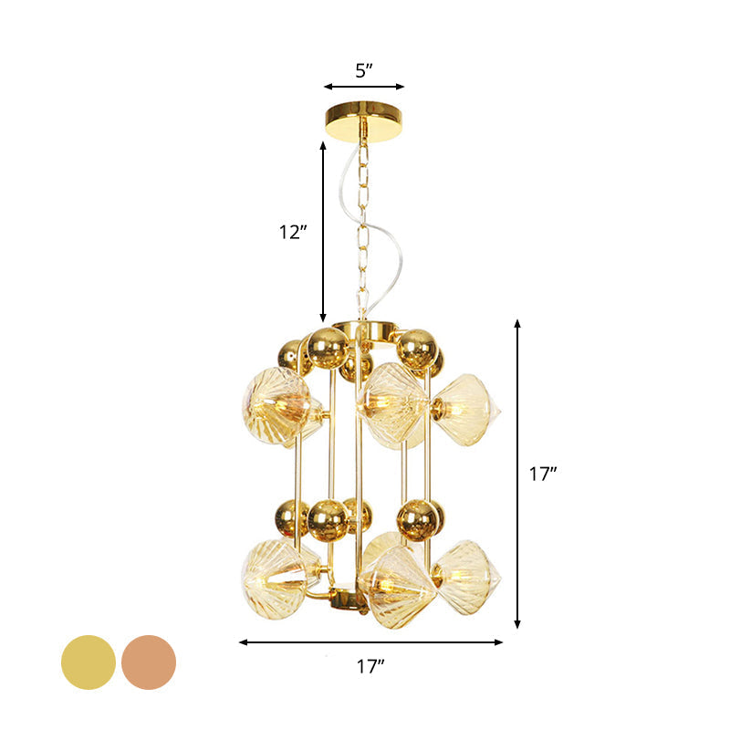 Diamond Vintage Glass Chandelier: Clear/Amber Ribbing 6/8/10 Bulbs Copper/Gold Finish Led Pendant