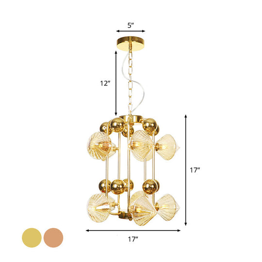 Diamond Vintage Glass Chandelier: Clear/Amber Ribbing 6/8/10 Bulbs Copper/Gold Finish Led Pendant