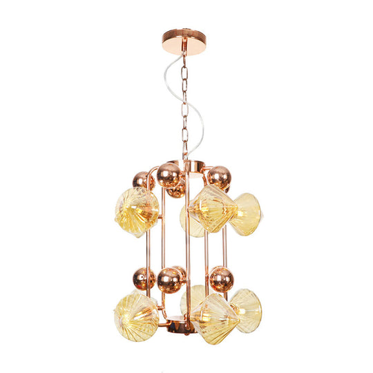 Vintage Diamond Chandelier with Ribbed Glass Shades - 6/8/10 Bulbs, Copper/Gold Finish, LED Pendant Lamp for Living Room