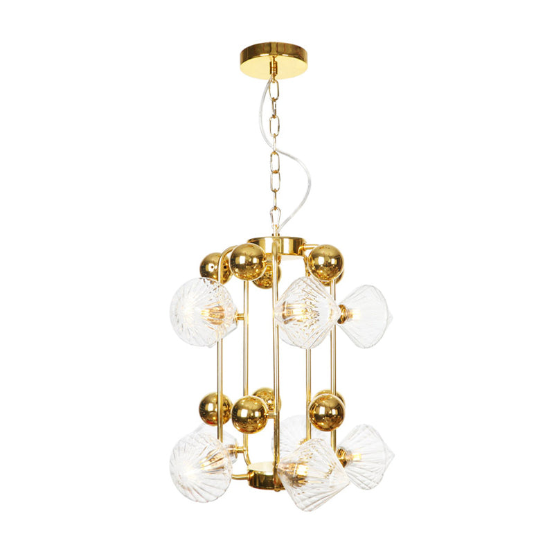 Vintage Diamond Chandelier with Ribbed Glass Shades - 6/8/10 Bulbs, Copper/Gold Finish, LED Pendant Lamp for Living Room