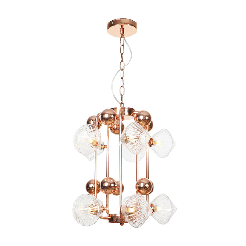 Vintage Diamond Chandelier with Ribbed Glass Shades - 6/8/10 Bulbs, Copper/Gold Finish, LED Pendant Lamp for Living Room