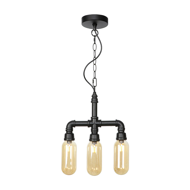 Industrial Glass Pipe Chandelier with Amber/Clear Accents - 3-Head LED Ceiling Fixture for Dining Room