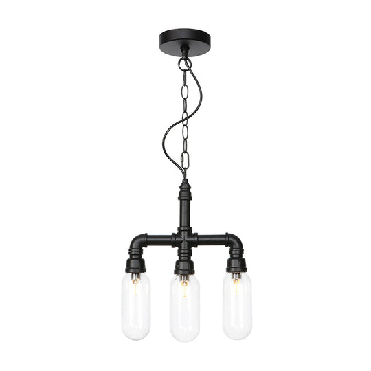 Industrial Glass Pipe Chandelier with Amber/Clear Accents - 3-Head LED Ceiling Fixture for Dining Room