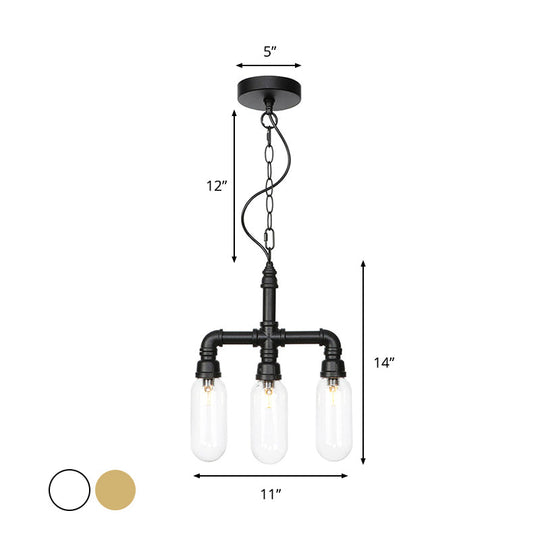 Industrial Glass Pipe Chandelier with Amber/Clear Accents - 3-Head LED Ceiling Fixture for Dining Room