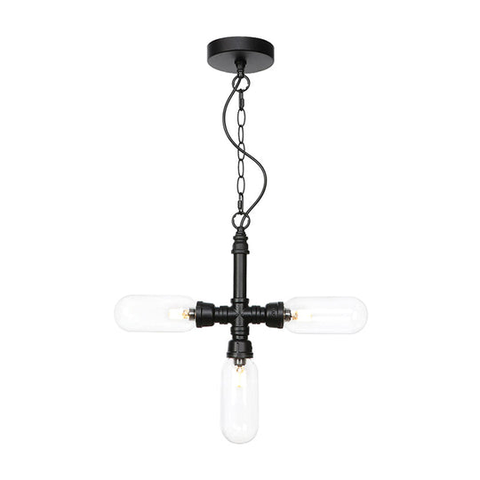 Industrial Glass Pipe Chandelier with Amber/Clear Accents - 3-Head LED Ceiling Fixture for Dining Room