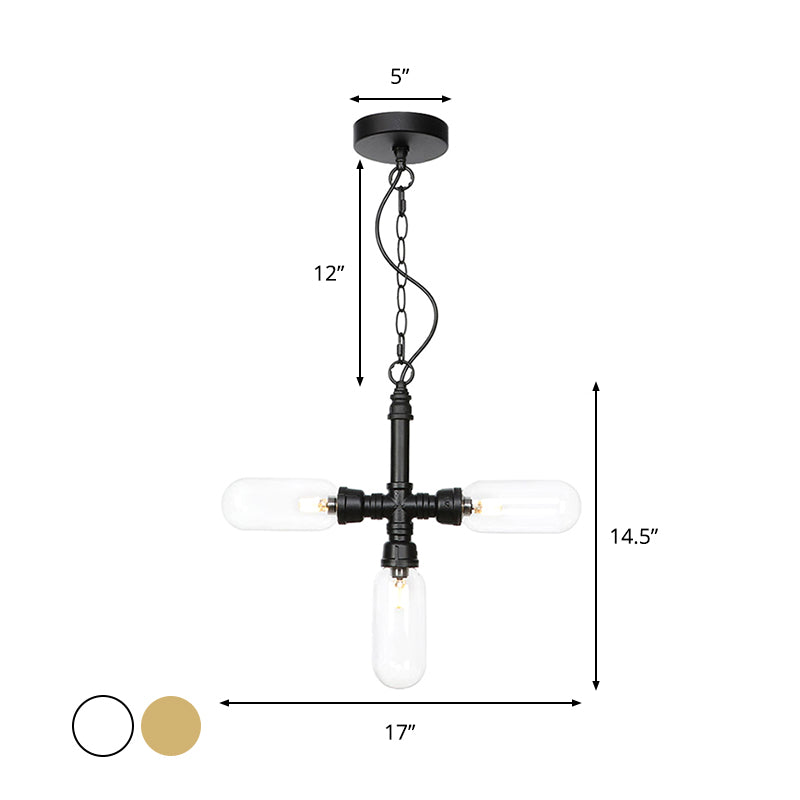 Industrial Glass Pipe Chandelier with Amber/Clear Accents - 3-Head LED Ceiling Fixture for Dining Room