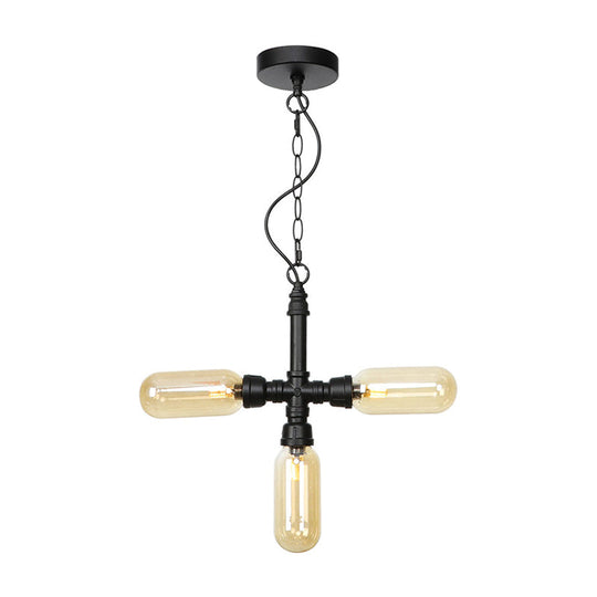 Industrial Glass Pipe Chandelier with Amber/Clear Accents - 3-Head LED Ceiling Fixture for Dining Room