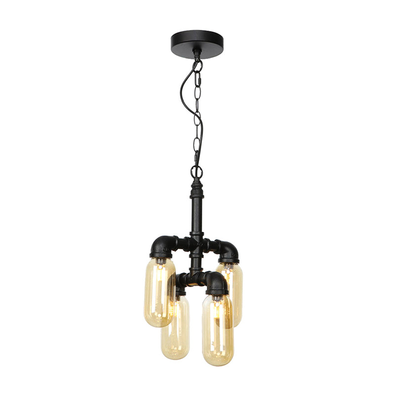 Vintage Water Pipe Chandelier Pendant Lighting - LED Hanging Lamp Kit with 4 Amber/Clear Glass Bulbs