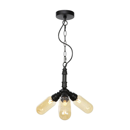 Industrial Amber/Clear Glass Piping Dining Room Chandelier With Led Lighting And Multiple Heads In