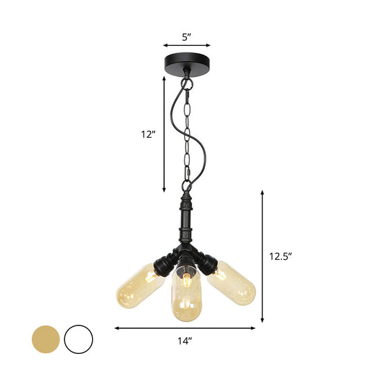 Industrial Amber/Clear Glass Hanging Chandelier with LED Lights for Dining Room - 2/3/4 Heads in Black Finish