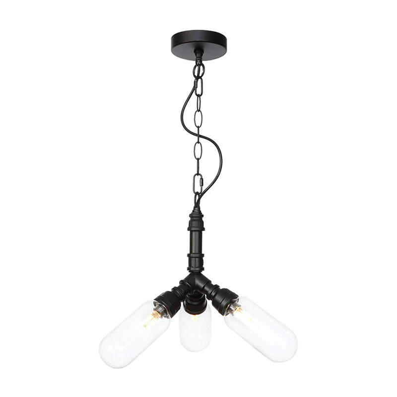 Industrial Amber/Clear Glass Hanging Chandelier with LED Lights for Dining Room - 2/3/4 Heads in Black Finish