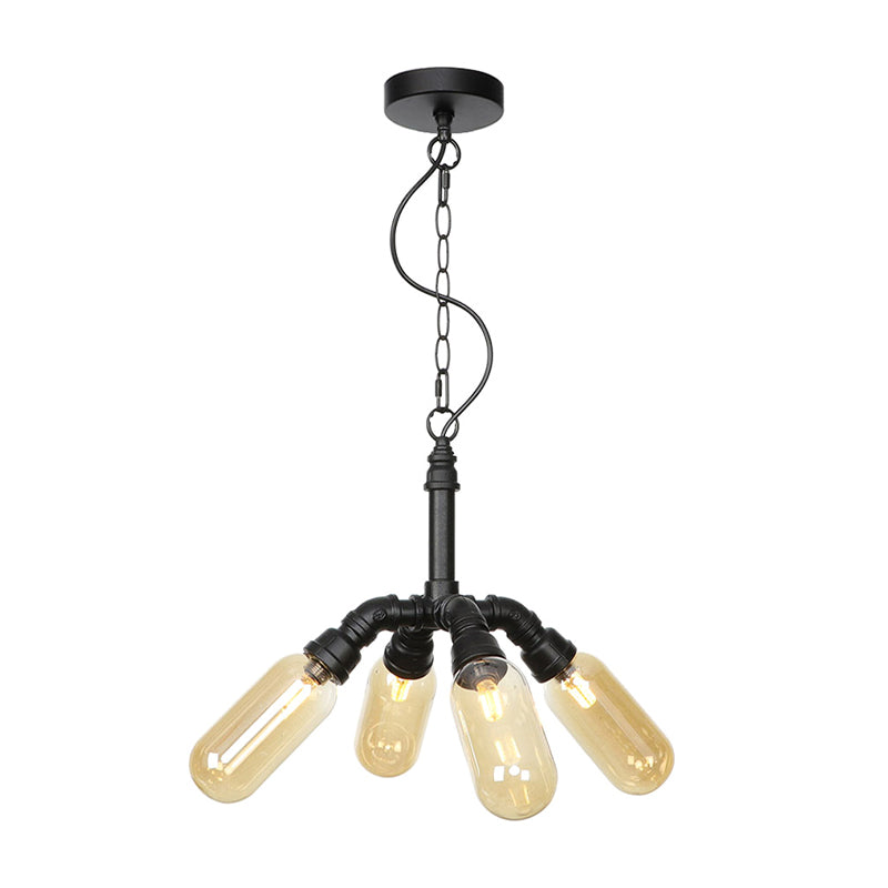 Industrial Amber/Clear Glass Hanging Chandelier with LED Lights for Dining Room - 2/3/4 Heads in Black Finish