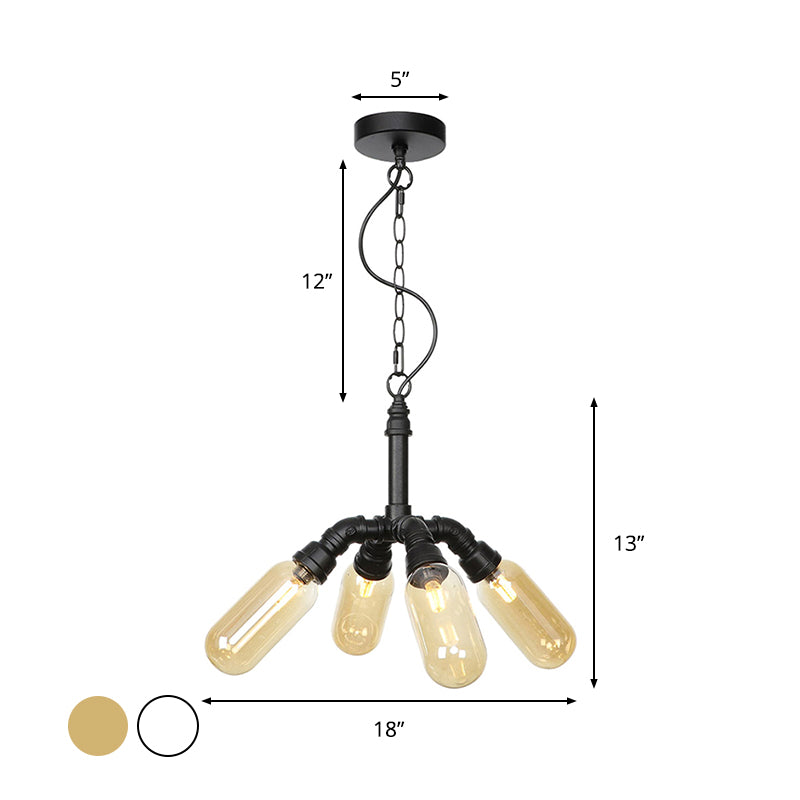 Industrial Amber/Clear Glass Hanging Chandelier with LED Lights for Dining Room - 2/3/4 Heads in Black Finish