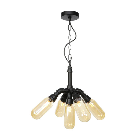 Industrial Amber/Clear Glass Hanging Chandelier with LED Lights for Dining Room - 2/3/4 Heads in Black Finish