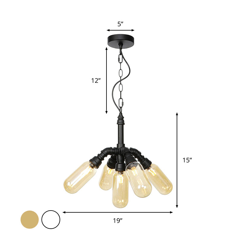 Industrial Amber/Clear Glass Hanging Chandelier with LED Lights for Dining Room - 2/3/4 Heads in Black Finish