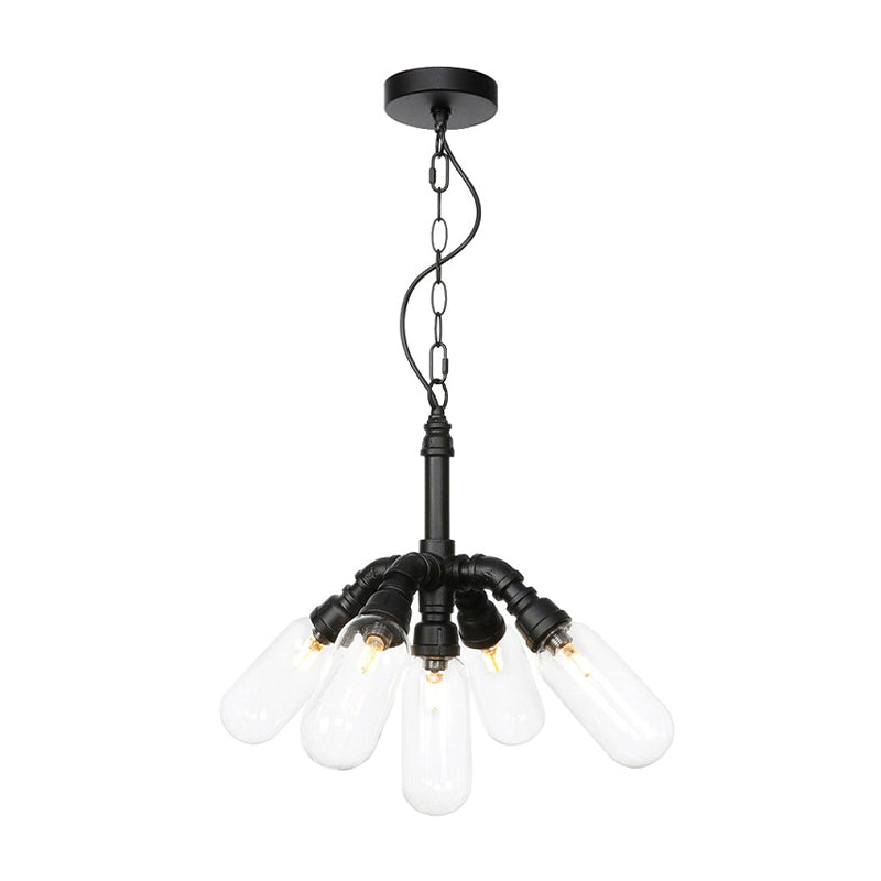 Industrial Amber/Clear Glass Piping Dining Room Chandelier With Led Lighting And Multiple Heads In