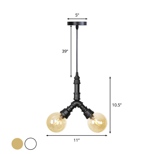 Industrial 2-Light Led Hanging Pendant Chandelier With Global Amber/Clear Glass Shades - Restaurant