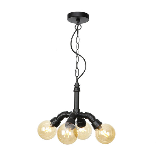 Farmhouse Ceiling Chandelier - Amber/Clear Glass, 3/4/5 Lights, Black Suspension Light for Living Room