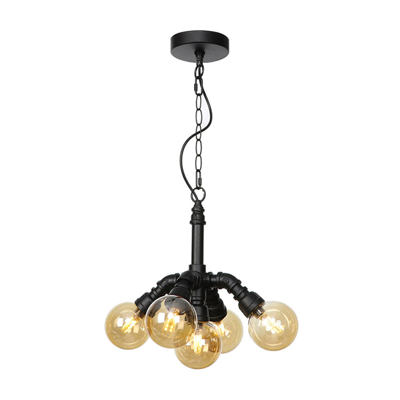 Farmhouse Ceiling Chandelier - Amber/Clear Glass, 3/4/5 Lights, Black Suspension Light for Living Room