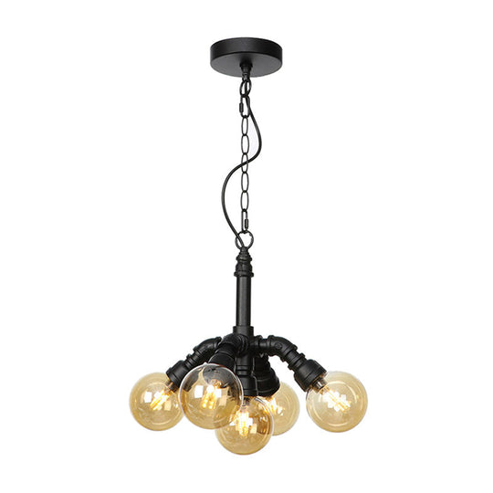 Farmhouse Ceiling Chandelier - Amber/Clear Glass, 3/4/5 Lights, Black Suspension Light for Living Room