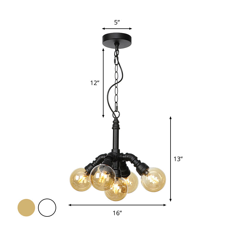 Farmhouse Ceiling Chandelier - Amber/Clear Glass, 3/4/5 Lights, Black Suspension Light for Living Room