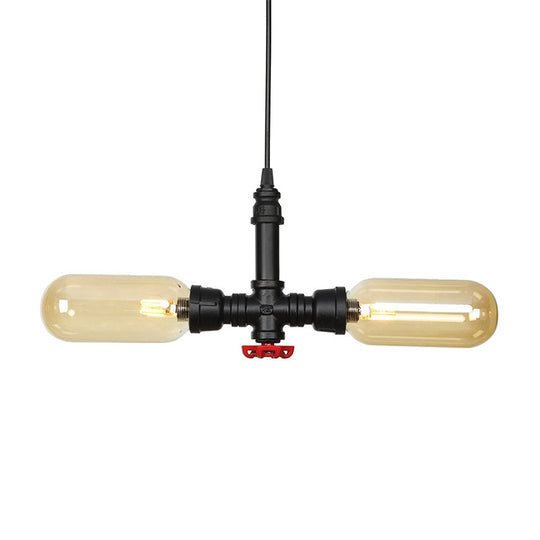 Vintage Amber/Clear Glass Pendant Chandelier with LED Hanging Ceiling Light - 2 Heads, Black