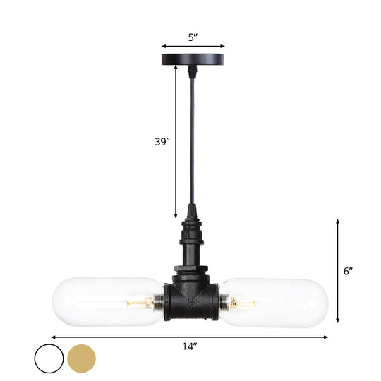 Vintage Amber/Clear Glass Pendant Chandelier with LED Hanging Ceiling Light - 2 Heads, Black