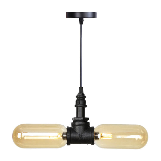 Vintage Amber/Clear Glass Pendant Chandelier with LED Hanging Ceiling Light - 2 Heads, Black