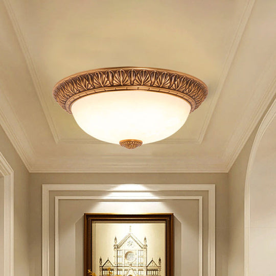 Bronze Flush Mount Light With Cream Glass Bowl And Floral Trim Traditional Led Ceiling Fixture -