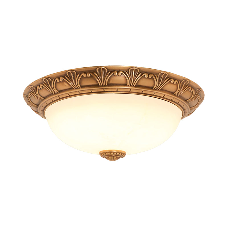 Bronze Flush Mount Light With Cream Glass Bowl And Floral Trim Traditional Led Ceiling Fixture -