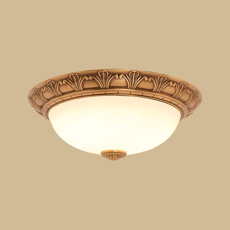 Bronze Flush Mount Light With Cream Glass Bowl And Floral Trim Traditional Led Ceiling Fixture -