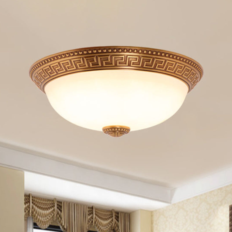 Bronze Flush Mount Light With Cream Glass Bowl And Floral Trim Traditional Led Ceiling Fixture -