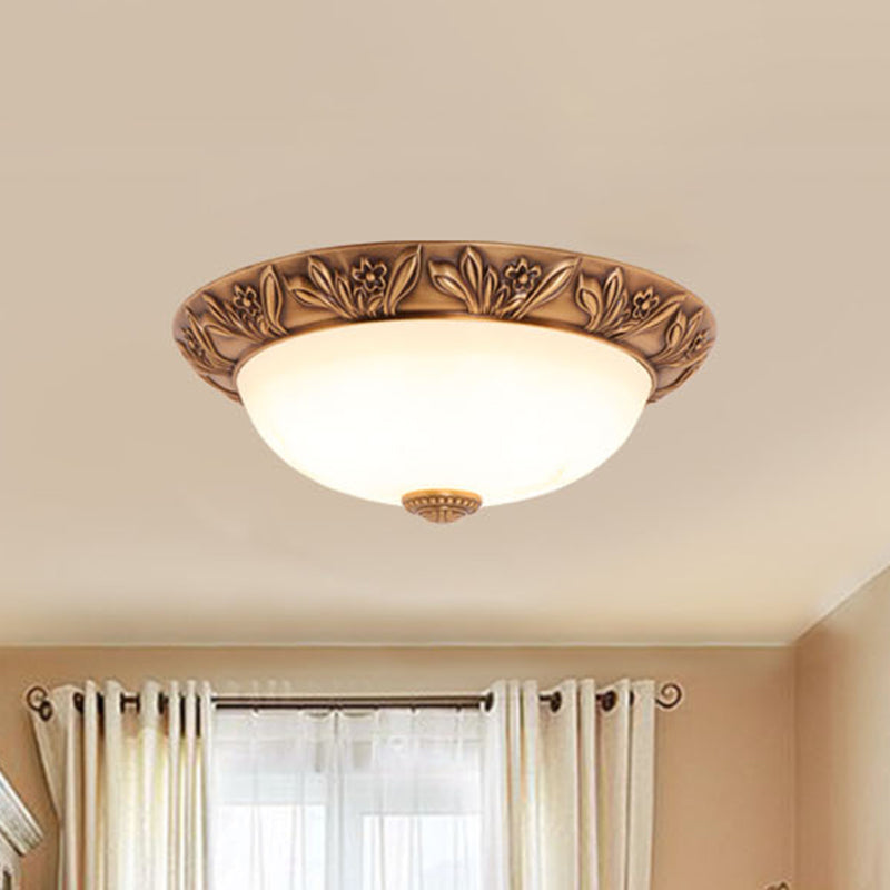 Bronze Flush Mount Light With Cream Glass Bowl And Floral Trim Traditional Led Ceiling Fixture -