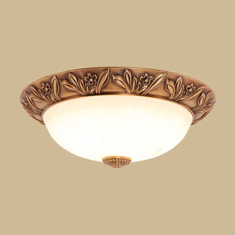 Bronze Flush Mount Light With Cream Glass Bowl And Floral Trim Traditional Led Ceiling Fixture -