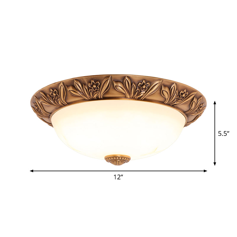 Bronze Flush Mount Light With Cream Glass Bowl And Floral Trim Traditional Led Ceiling Fixture -