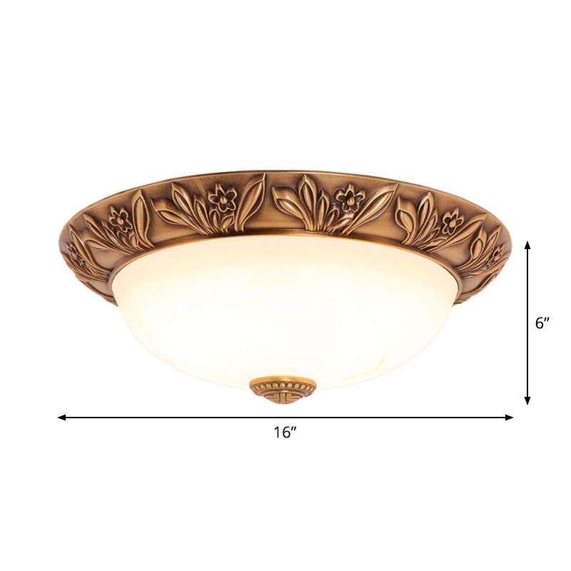 Bronze Flush Mount Light With Cream Glass Bowl And Floral Trim Traditional Led Ceiling Fixture -