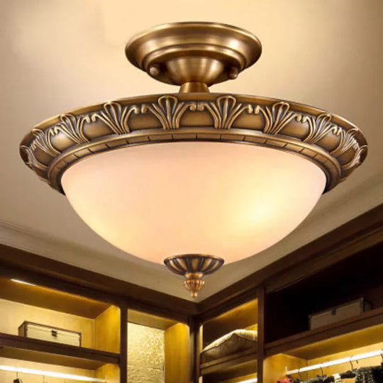 Bronze Semi Flush Led Ceiling Light With Milk Glass Bowl And Carved Edge / Small Flower