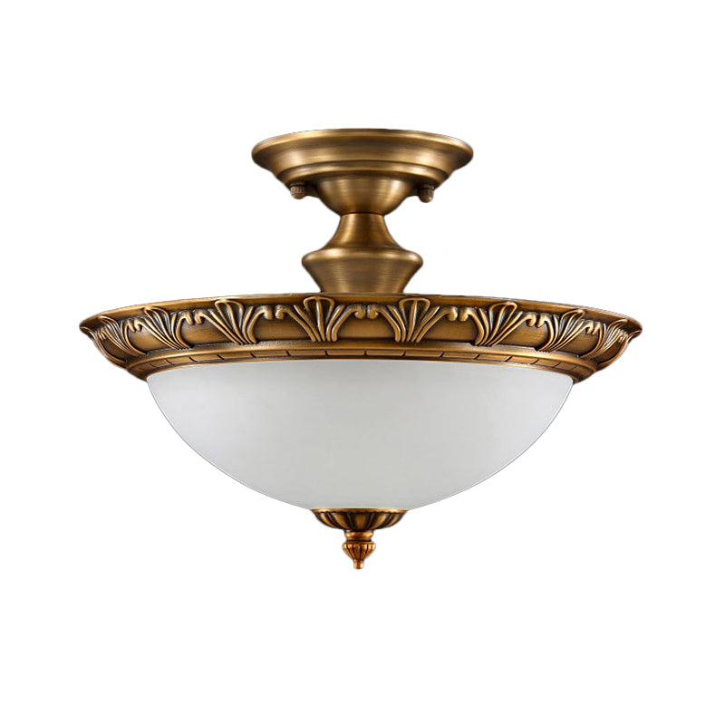 Bronze Semi Flush Led Ceiling Light With Milk Glass Bowl And Carved Edge