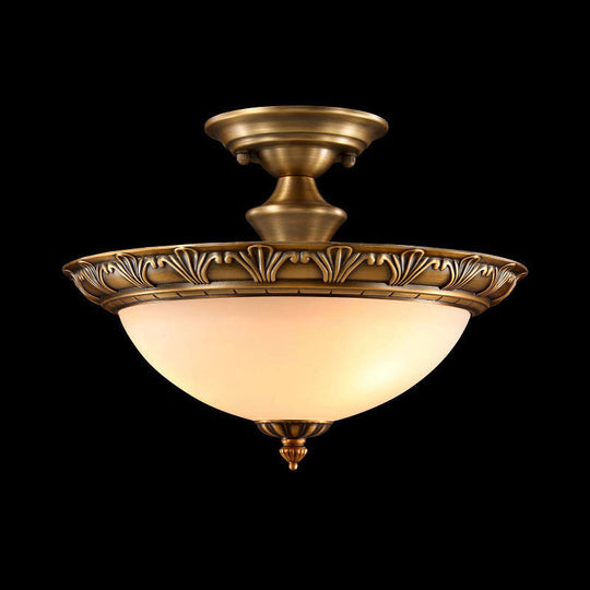 Bronze Semi Flush Led Ceiling Light With Milk Glass Bowl And Carved Edge