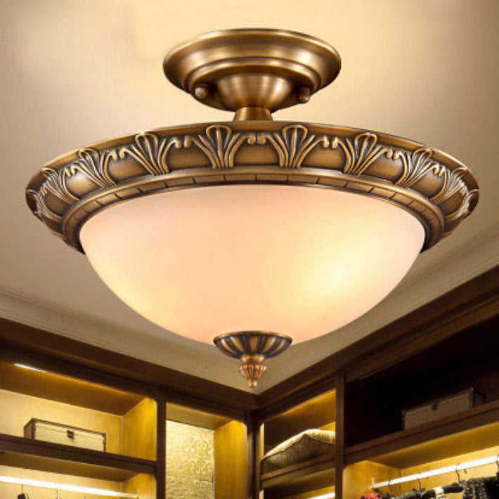 Bronze Semi Flush Led Ceiling Light With Milk Glass Bowl And Carved Edge / Small Leaf