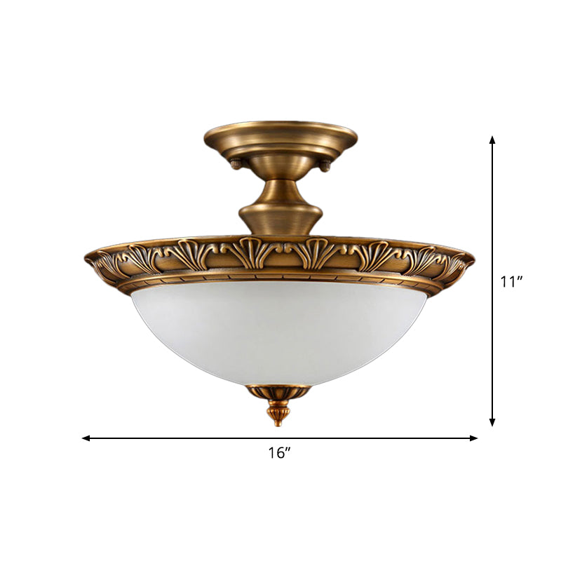 Bronze Semi Flush Led Ceiling Light With Milk Glass Bowl And Carved Edge